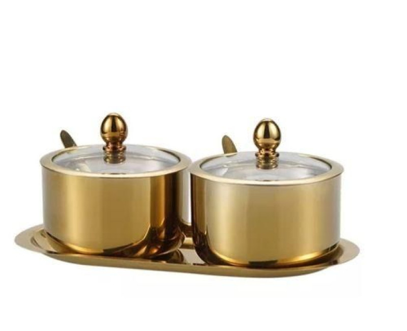 2 Pc Seasoning Containers Spice Jar Rack Condiment Salt Pepper Sugar Storage Organizers With Serving Spoons - Gold.