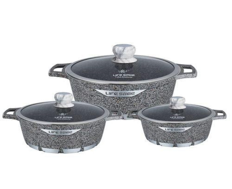 3 Piece Lifesmile Non-stick Saucepan Cookware Pots, Grey. Life Smile