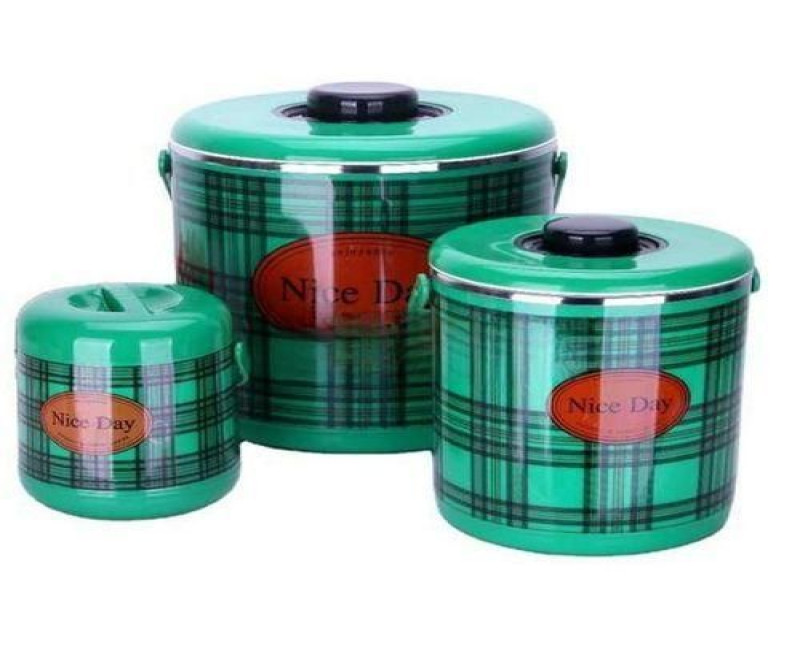 3Pc Checked Food Warmer Dishes Thermal Insulation Hot Pot Casserole Lunch Boxes - Green