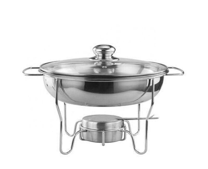 8L Stainless Steel Small Round Chafing Dish Food Warmer Hot Pot Outdoor Camping Alcohol Stove- Silver.
