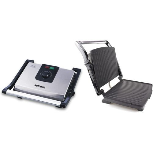 Contact Grill Slice Press Grill And Sandwich Maker With Dual Indicator Temperature Control Removable Drip Tray Kitchen Appliance-Silver/Black
