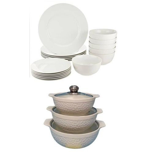 24 Pieces Ceramic Dinnerware Set Serving Bowls, Plates, Sideplates And Soup Bowls Desingn Fo Serving Dishes Varies-White