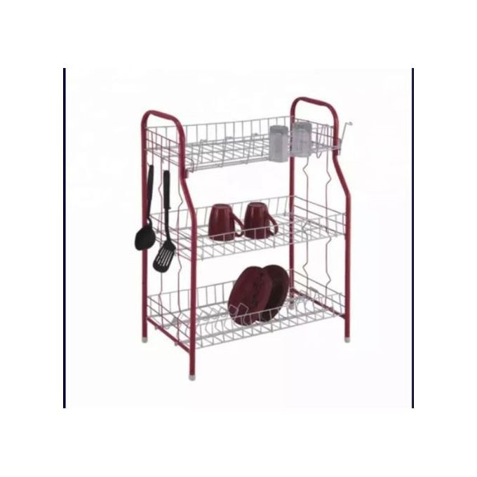 3 Tier Stainless Steel Dish Drainer Storage Rack - Red, Black