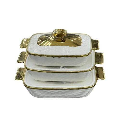 3 Pieces Ceramic Serving Dishes With Handles And Lids For Serving Soup And Food Designs Vary-White