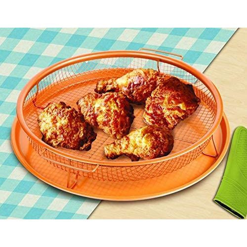 2-Pc Round Nonstick Oven Air Fryer Crisp Baking Pan/Tray & Mesh Basket, Copper.