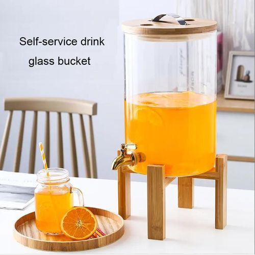 10 Liters Glass Beverage Juice Drinks Dispenser With Wooden Stand Tap And Cover For Serving At Parties Bars-Transparent