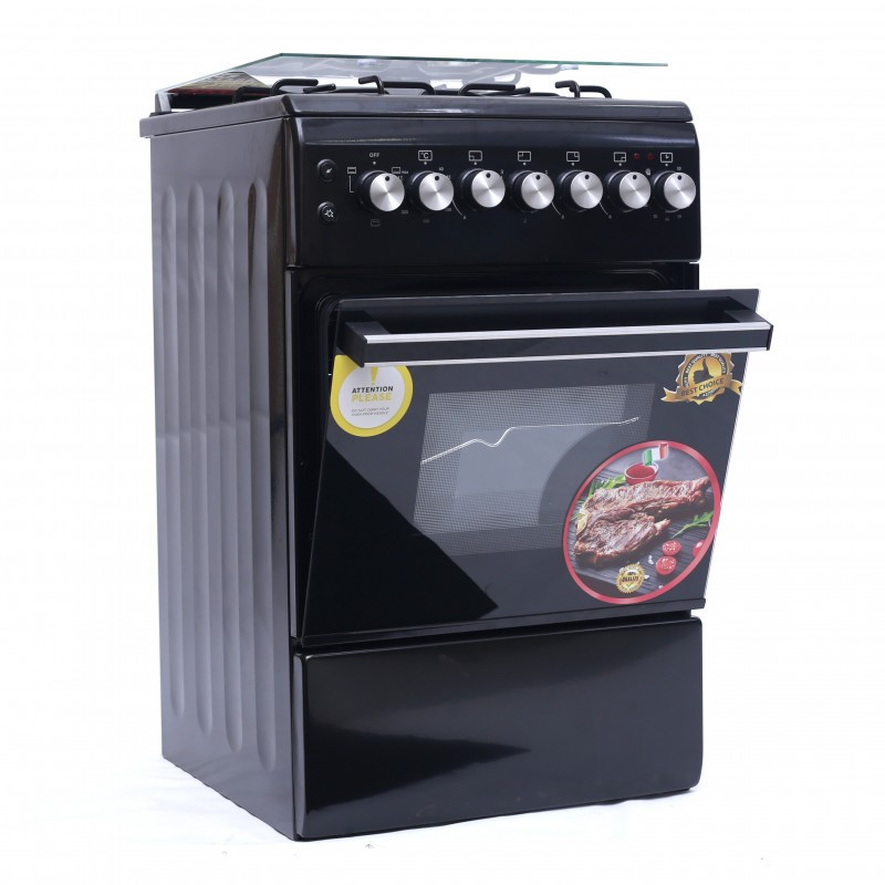 Blueflame cooker NL6031ER-B, 60*50 Electric oven, Black Color easy clean Enamel panel, Glass top lid, Auto gas Ignition, Pool, ROTISSERIE SYSTEM, Timer