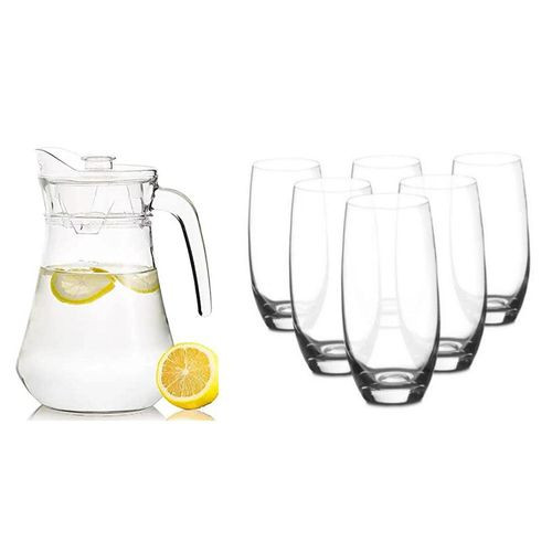 7 Pieces Glassware Drinkware Set Of 1 Jug Pitcher And 6 Big Glasses-Transparent