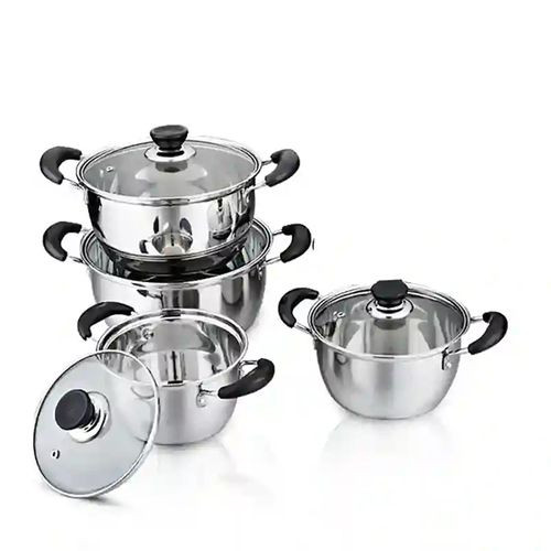 8 Pieces Thickened Stainless Steel Cookware Set With Glass Lids-Silver