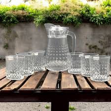 6 glasses and jar