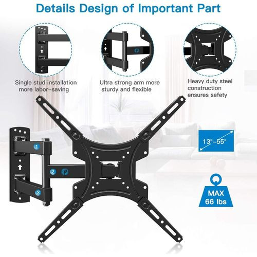 Full Motion TV Wall Mount for 26-53 Inch TVs, Max VESA 400x400mm up to 66lbs, single Arm Full Motion TV Wall Mount for Most 37-70 Inch TVs up to 132lbs