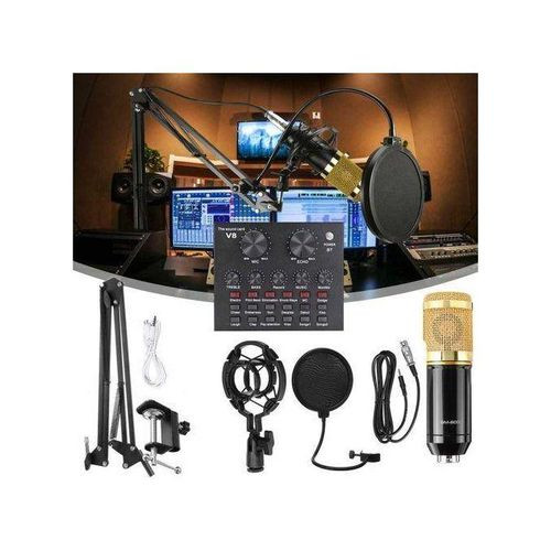 Microphone with V8 BM800 sound card kit, supporting capacitor, USB, Bluetooth, studio recording, professional karaoke - black
