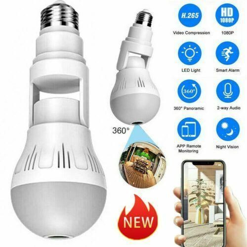 Wireless IP Wifi Panoramic Security CCTV Bulb Spy Camera Watch Your Home Full Time-White