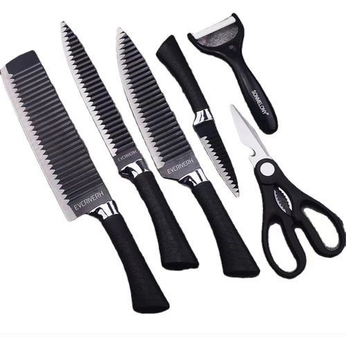 6 In 1 Sharp Corrugated Kitchen Knives With Peeler-Silver/Black
