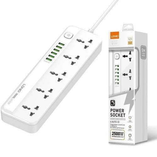 2500W Power Strip Surge Protector With 5 Ac Outlets Sockets And 6 Usb Charging Ports 2m Long Extension Cord For Home- White
