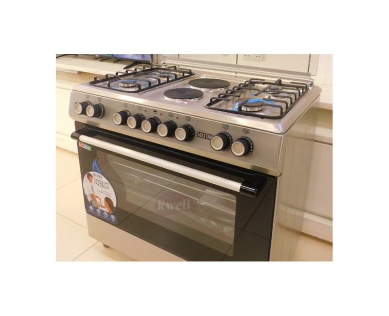 Solstar Standing Cooker,60x60, 4 Gas, Electric Oven, Rotesserie, Grill, Silver Colour SO640DERATINBSS