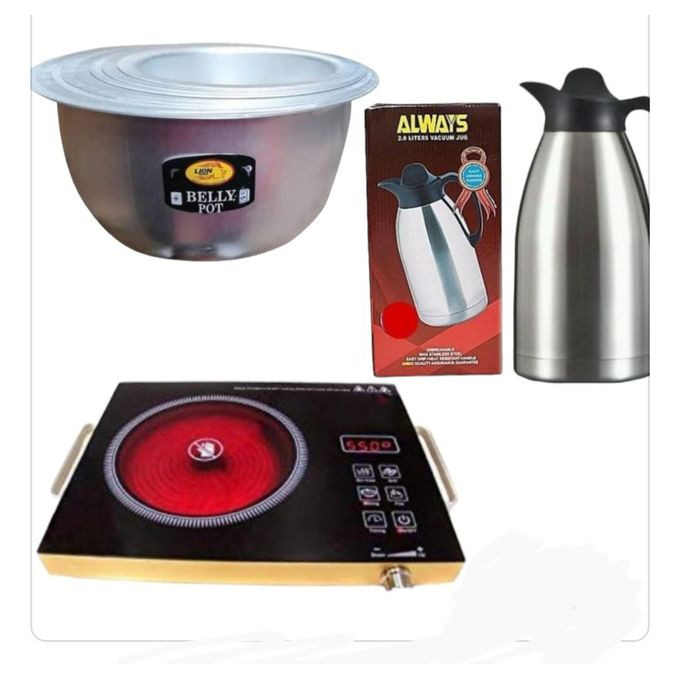Bundle 3 In 1 Electric Infrared Cooker Portable Induction Cooker With Crystal Touch Panel, 8 Pieces Set Of Saucepans + Stainless Steel Vacuum 2 litres Flask - Silver/Black