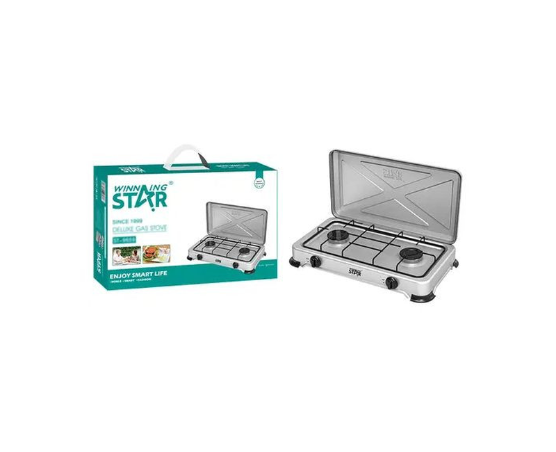 2 Burner Metallic Gas Stove With Automatic Ignition-Grey/Black/Silver