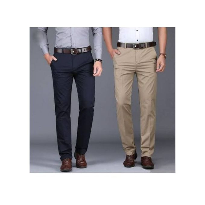 2 Packs of Men's Khaki Stretcher Trousers - Navy Blue, Cream