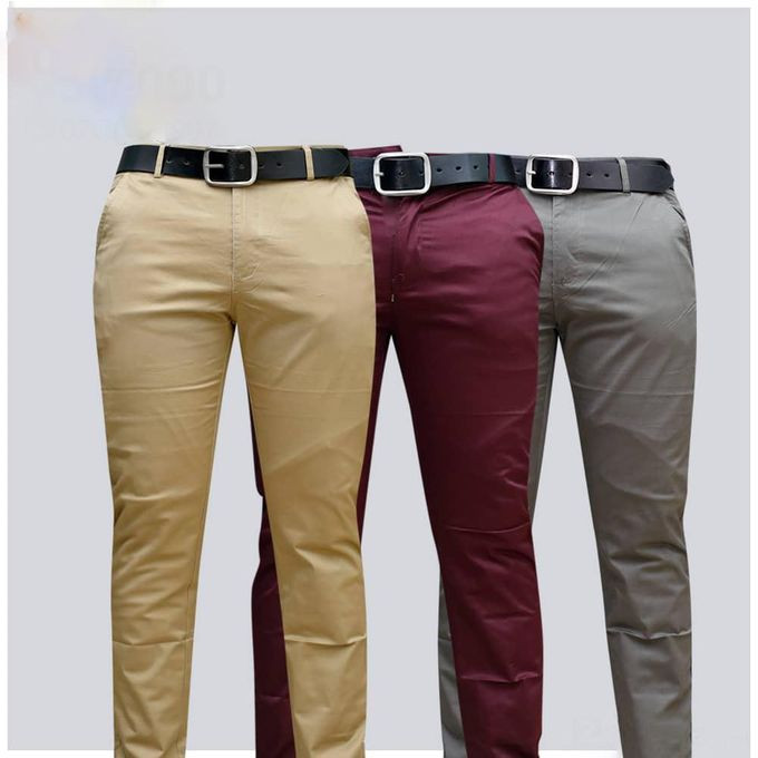 3 Pack of Men's Khaki Stretcher Trousers - Brown, Maroon, Grey