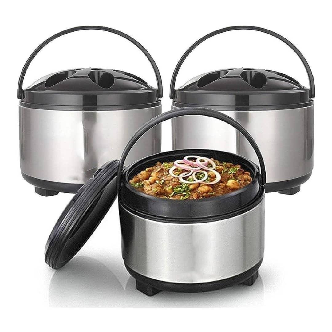 Stainless Steel Thermo steel Casserole Warm Lunch Food Warmer Storage Lunch box 3 Piece Set Cover Design May Differ - Silver/Black/Green
