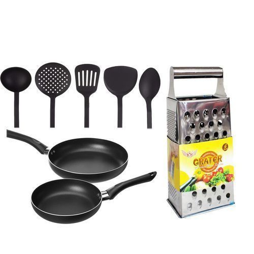 8 Kitchen Set, 5 Ladles, 2 Frying Pans,1 Grater - Black