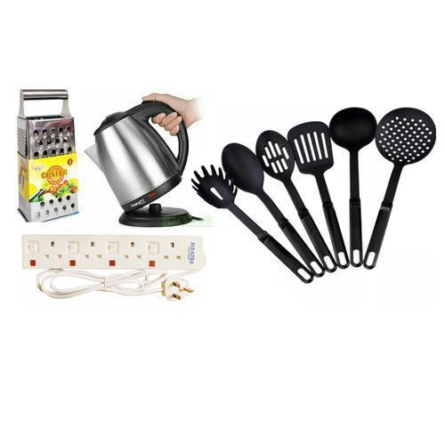 Kitchen Set of 6Ladles,Grater,2ltrs Kettle,4way Extension Cable - Silver