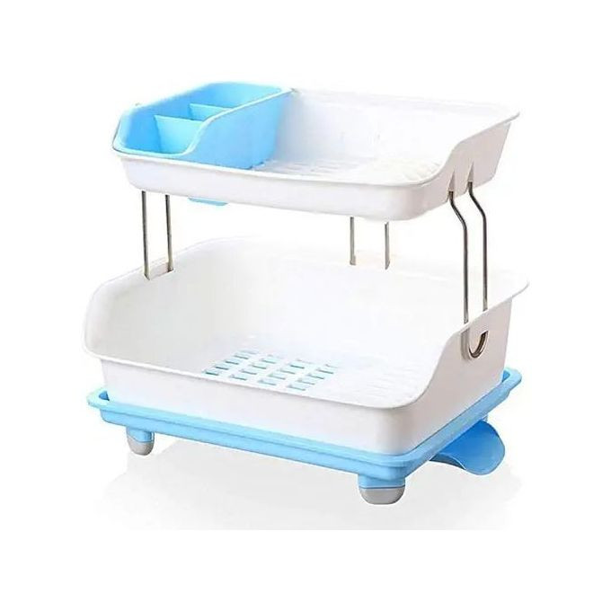 2 Layer Plastic Dish Drying Draining Rack Storage Tray - Blue