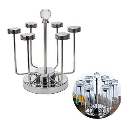 Rotating Stainless Steel 6 Glasses,Cups Holder Rack Stand -Silver.