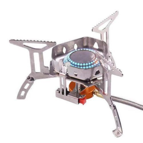 Outdoor Portable Windproof Camping Gas Stove with Adapter Converter, Silver.
