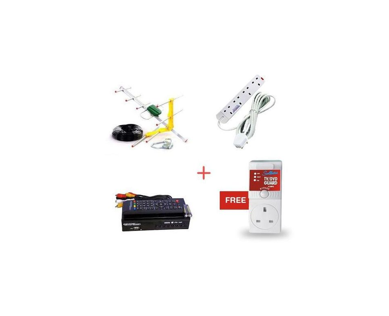 Pack Of Free To Air Decoder+Outdoor Antenna+4 Way Extension Cable+Free TV Guard-Silver/Black