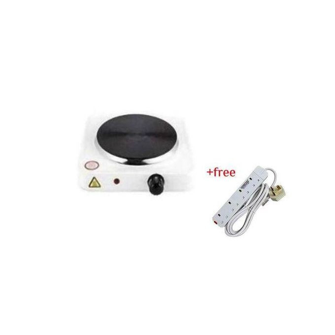 Single Solid Electric Hotplate 1000W Plus A Free 4 Way Extension- Black & White