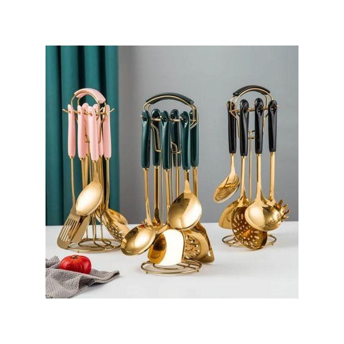 6pcs Of Kitchen Tool Cooking Utensils Serving Spoons Cutlery Set - Gold