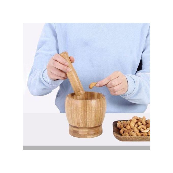 Bamboo Mortar and Pestle Garlic/Ginger Press - Brown