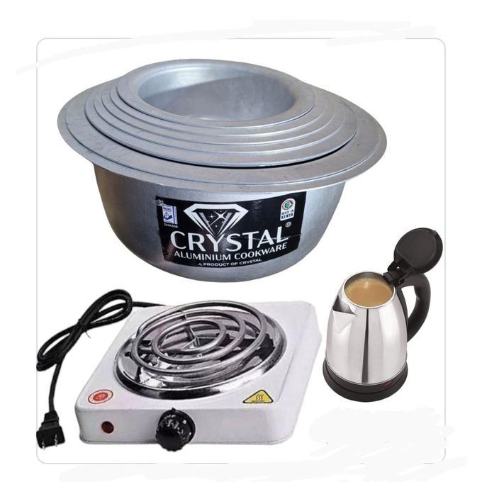 Set Of Alluminium Saucepans 8Pcs, Electric Single Coil Hot Plate, Plus Fast Boiling Percolator 2Litres - Silver