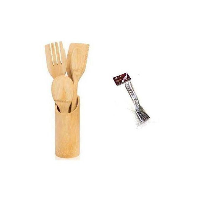 5 Pieces Of Bamboo Cooking /Serving Spoons With Free Forks - Brown.