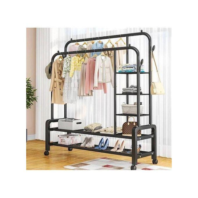 Carbon Steel Double Pole Coat Rack Indoor Bedroom Clothes Drying Rail Balcony Hanging Clothes Shoes Rack Standing Storage Organizer With Hooks(Not Assembled)- Black/White