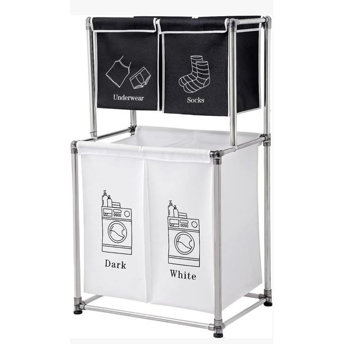 4-Section Laundry Sorter With 2-Tier Design - Rolling Hamper For Efficient Dirty Clothes Organization - Black/ White