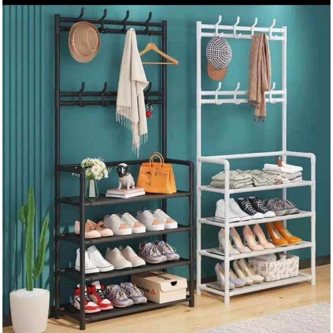 Simple Multi-tier Coat Hat Storage Rack With Shoe Storage Shelf, Free-standing Vertical Hanging Clothes Stand With Hooks For Hats, Balcony Clothes Drying Rack, Household Space Saving Storage Organizer 1 Piece - White/Black
