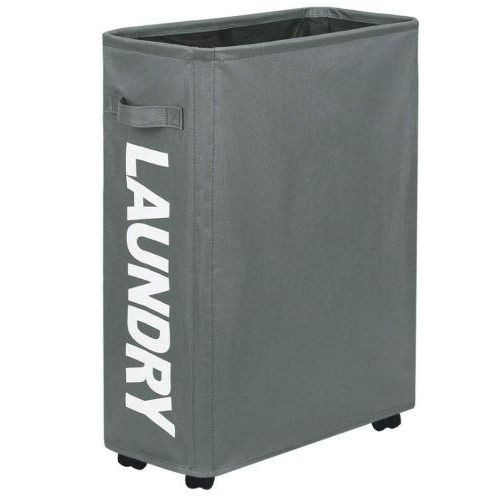 Rolling Slim Laundry Hamper on Wheels Clothes Basket Tall Thin Dirty Clothes Bin Storage Basket Organizer Sorter Bedroom Bathroom 38.1 L x 20.3 W x 55.9 H cm 80 Litre capacity Grey