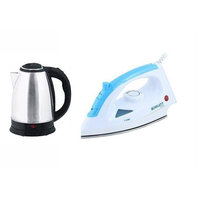 Steam Flat Iron & Electric Kettle Percolator 2 Litres - Silver, White