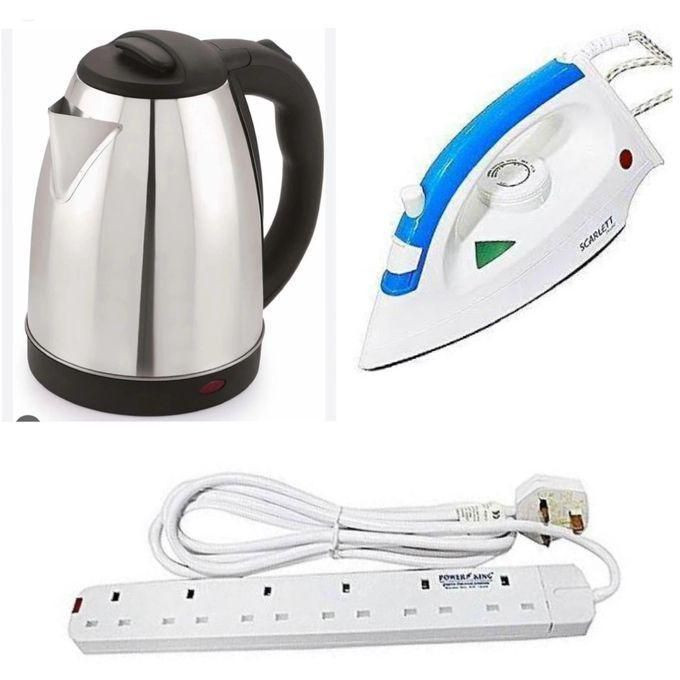Bundle Of 2L Electric Kettle, Non-Stick Steam And Dry Flat Iron, & Power King 6 Way Extension Cable- Silver, White