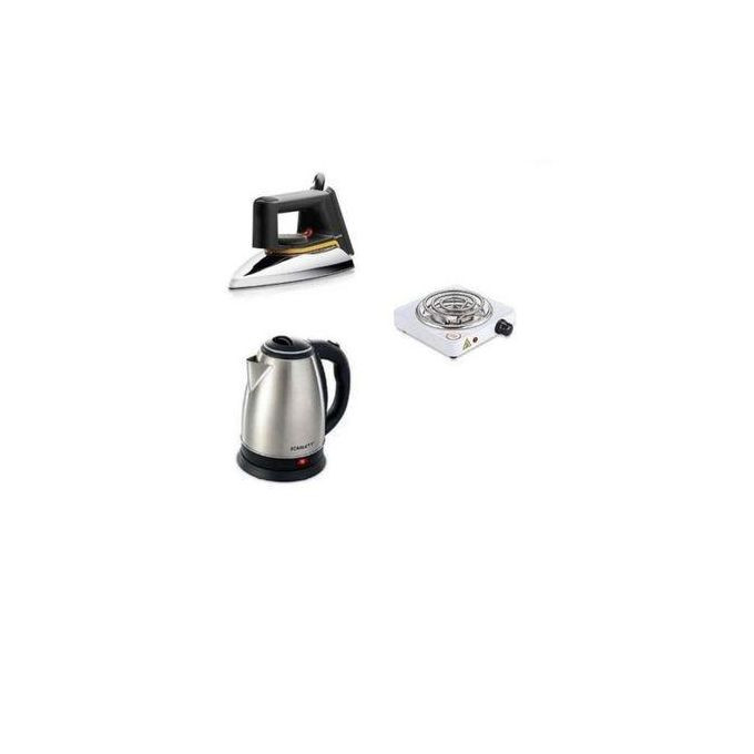 2L Electric Kettle, Dry Flat Iron & Single Coil Hotplate - Silver, Black