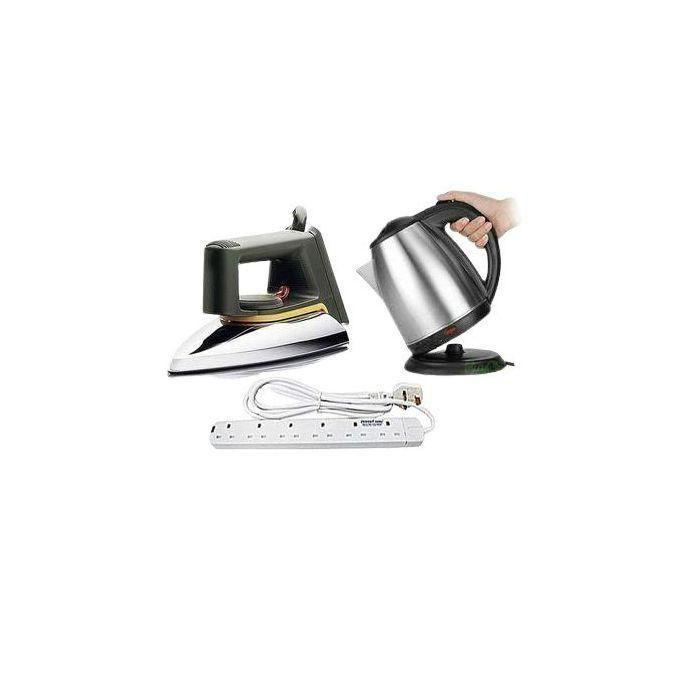 Bundle Of Original Flat Iron, Electric Kettle 2L & 6 Way Extension Cable - Silver, White