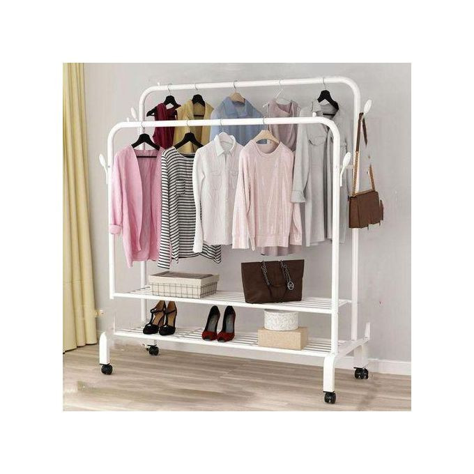 Carbon Steel Double Pole Heavy Duty Coat Rack Indoor Bedroom Clothes Drying Rail Balcony Hanging Clothes Shoes Rack Standing Storage Organizer With Rails And Wheels- Multicolor