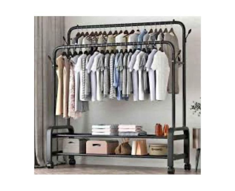Carbon Steel Double Pole Coat Rack Indoor Bedroom Clothes Drying Rail Balcony Hanging Clothes Shoes Rack Standing Storage Organizer With Ho*ks (Multipurpose Cloth & Shoe Rack) - Multicolor