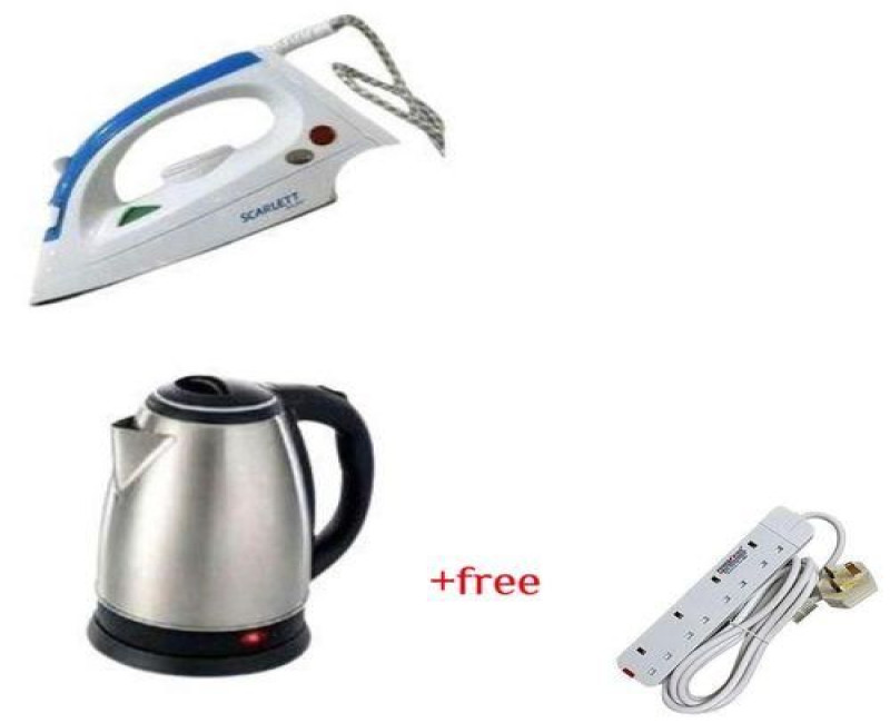 Scarlett Flat Iron & Electric Kettle Percolator 2 Liters Plus A Free 4 Way Extension - Silver, White