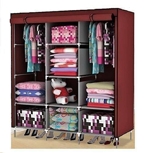 3 Column Cloth & Wooden Frame Portable Wardrobe - Multicolour