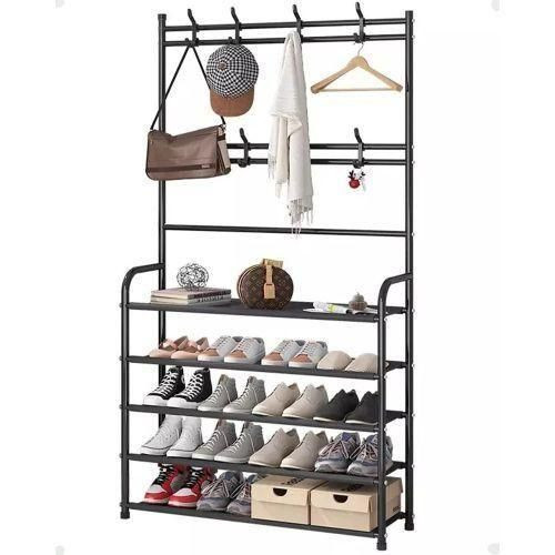 5-Tier Shoe Shelf And 8 Adjustable Metal Hook Coat Rack,Shoe Rack Organizer Multifunctional Coat Hanger Rack Shoe Shelf,Apartment ,Bedroom - White/Black