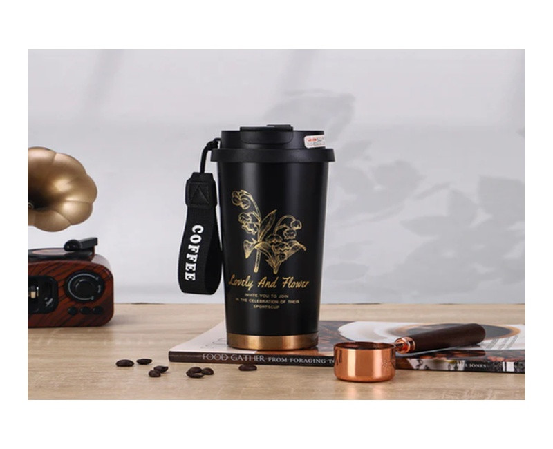 Floral Lovely and Flower Swig Suck Insulated Coffee Cup 530ml - Black